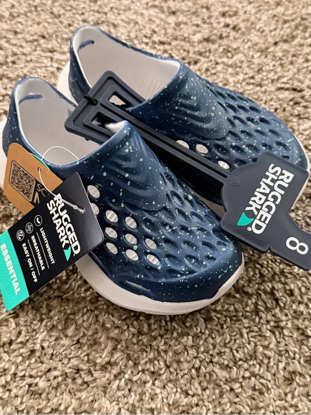 Rugged Shark Kids Navy Blue Slip-On Water Shoes with Green Speckle